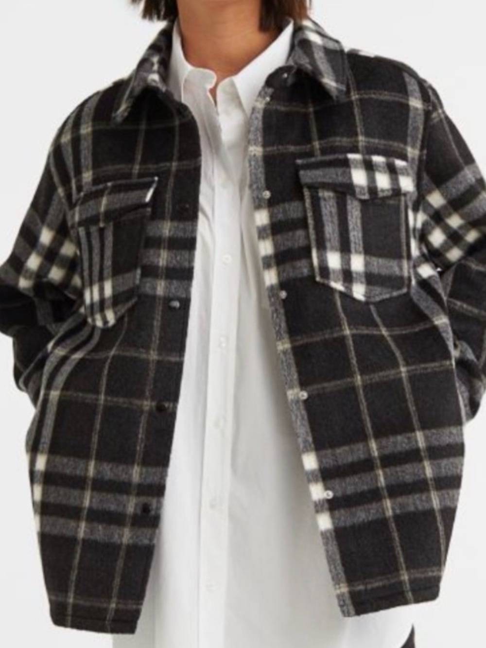 H&M Black Gray Plaid Oversized Wool Blend Shacket Jacket L